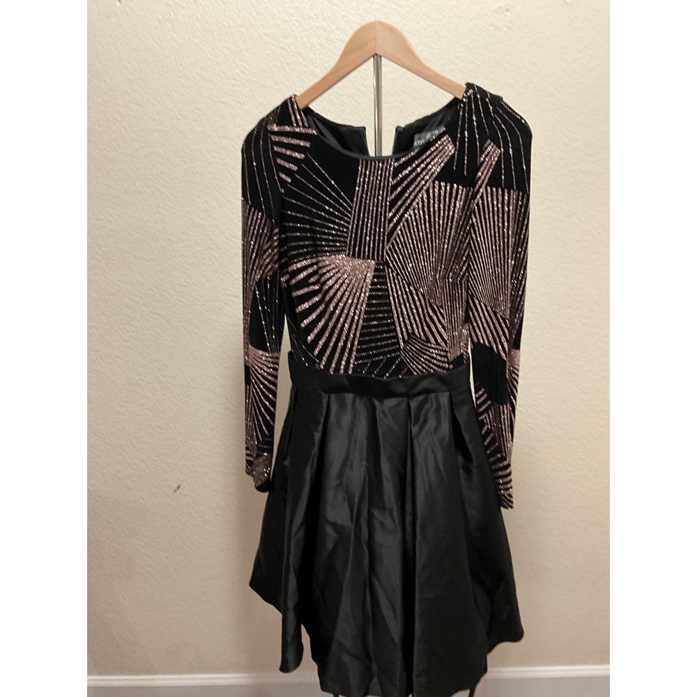 Betsy Adam Black Rose Gold Glitter Geometric Long Sleeve Dress Size 6 - Picture 4 of 4